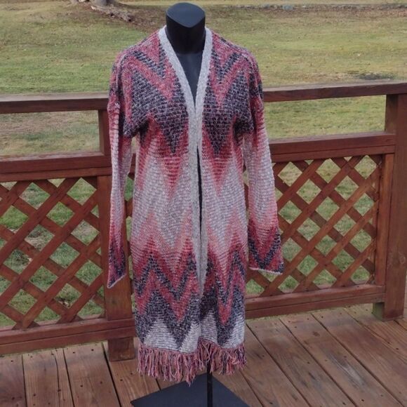 Lucky Brand Fringed Red and Pink Open Front Duster Cardigan Size Small - Picture 2 of 9